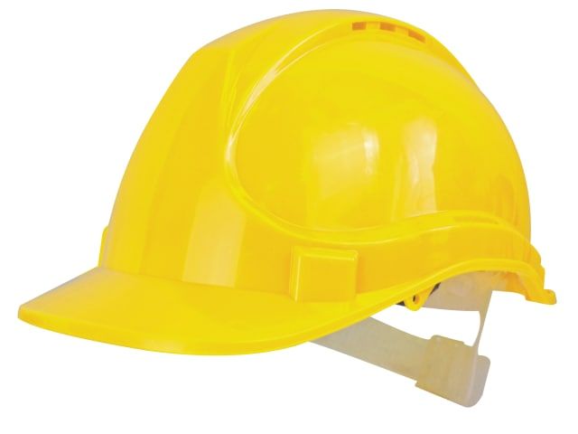 Scan Safety Helmet in yellow, 340g thermoplastic shell with rain gutter and adjustable fit