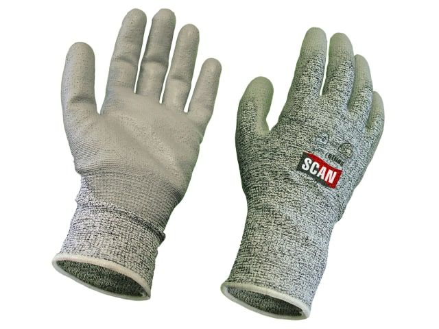 Scan Grey PU Coated Cut 5 Gloves - Large Size 9 safety work gloves with polyurethane-coated palms and fingers
