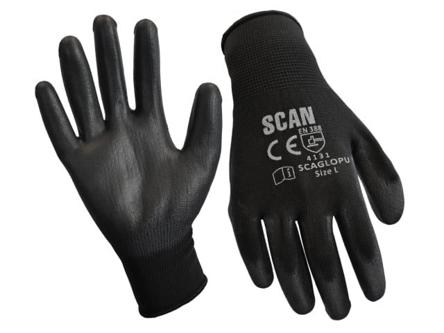 Scan Black PU Coated Gloves, Size Large, Pack of 12