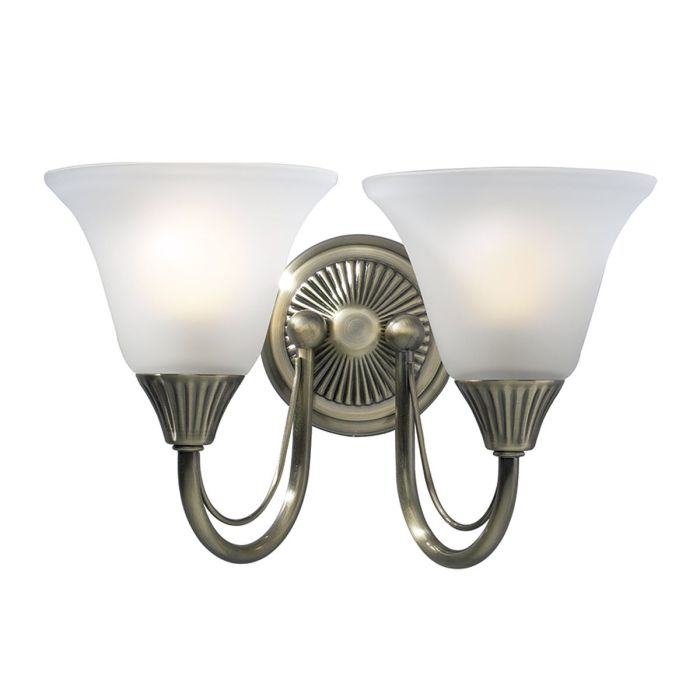 DAR Lighting Boston Double Wall Light with two opaque glass shades and antique brass frame