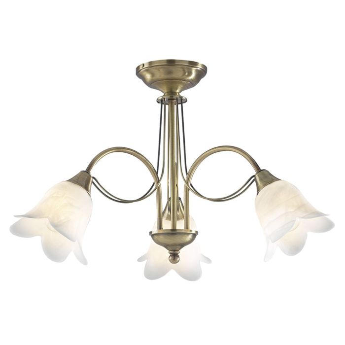 DAR Lighting Doublet 3lt Semi Flush Ceiling Light in antique brass and white alabaster glass