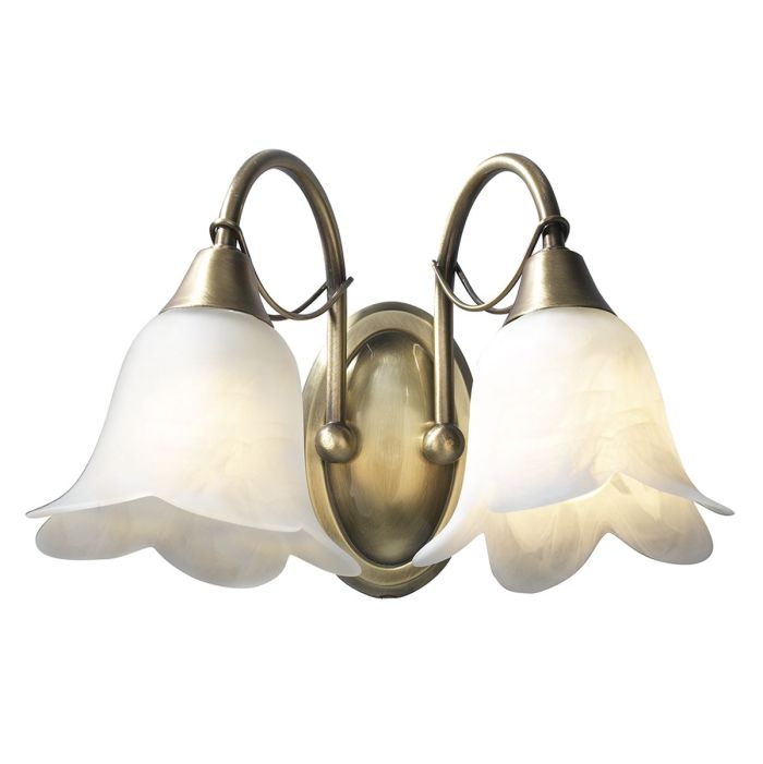 DAR DOU0975 Doublet Double Wall Light in antique brass with opaque alabaster glass shades