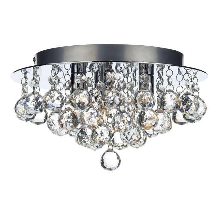 DAR Lighting Pluto 3lt Flush Ceiling Light with clear faceted crystal and polished chrome finish