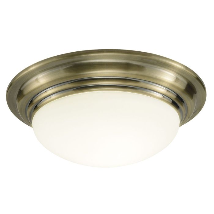 DAR Lighting Barclay Small Flush Ceiling Light BAR5275 in antique brass and opal glass