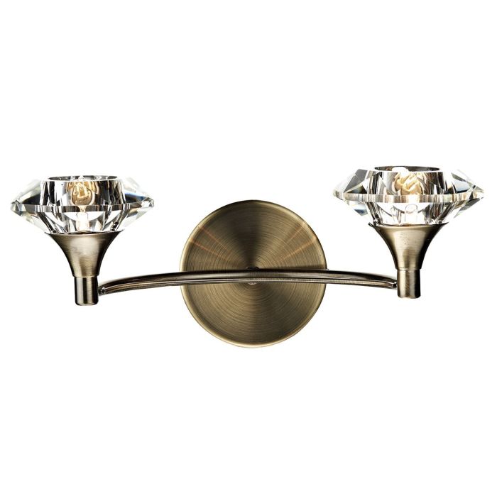 DAR Luther Double Wall Light in antique brass with two crystal glass shades