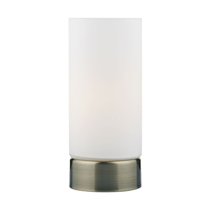 DAR Owe4075 Owen Touch Round Glass Table Lamp in Antique Brass and White Opal Glass