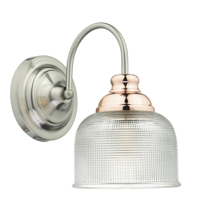 DAR Lighting Wharfdale Wall Light WHA0746 in satin chrome and copper with prismatic glass