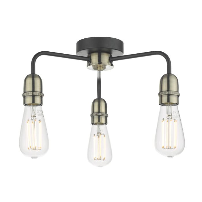 DAR Lighting KIE5322 Kiefer 3lt Flush Ceiling Light in Matt Black and Antique Brass