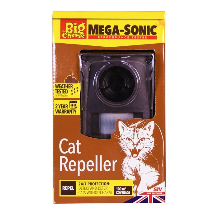 The Big Cheese Mega-Sonic Cat Repeller with 12m detection range and IP44 weather resistance