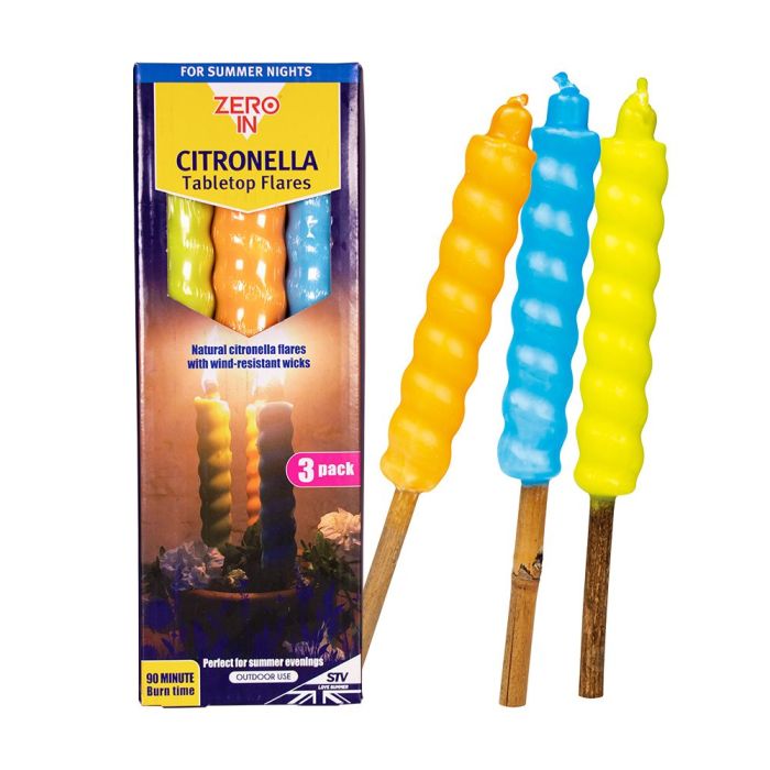 Zero In Table Top Citronella Flares - 3 Pack, approx. 26cm in three colours