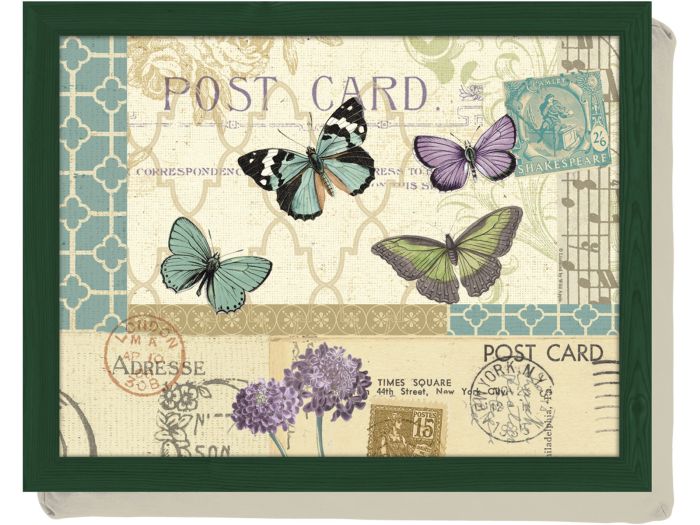 Creative Tops Postcard Lap Tray with vintage postcard butterfly design, plastic wood effect frame and 32.5x43.5x6.5 cm