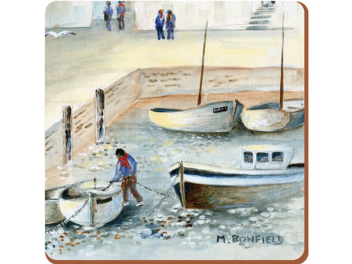 Creative Tops Cornish Harbour Premium Coasters pack of 6, pale blue and cream seaside town design, 10.5x10.5x0.5cm