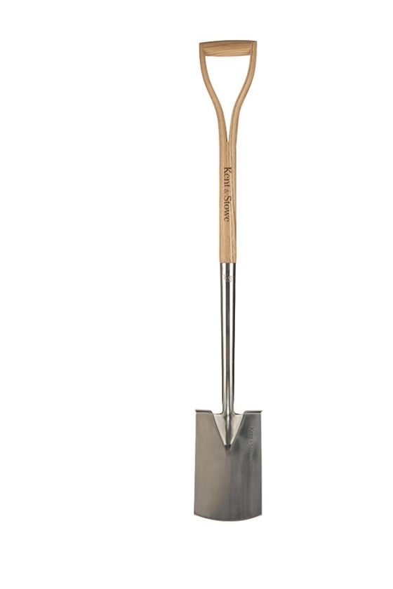 Kent & Stowe Stainless Steel Border Spade 1040mm length with ash wood YD handle and rust-resistant steel head