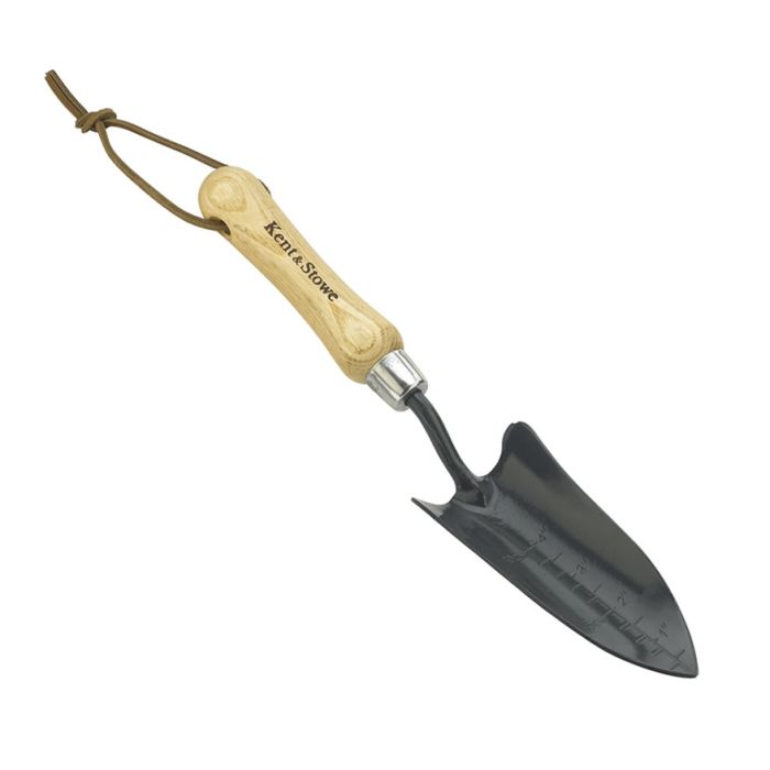 Kent & Stowe carbon steel hand transplanting trowel with 325mm length, ash wood handle and depth gauge