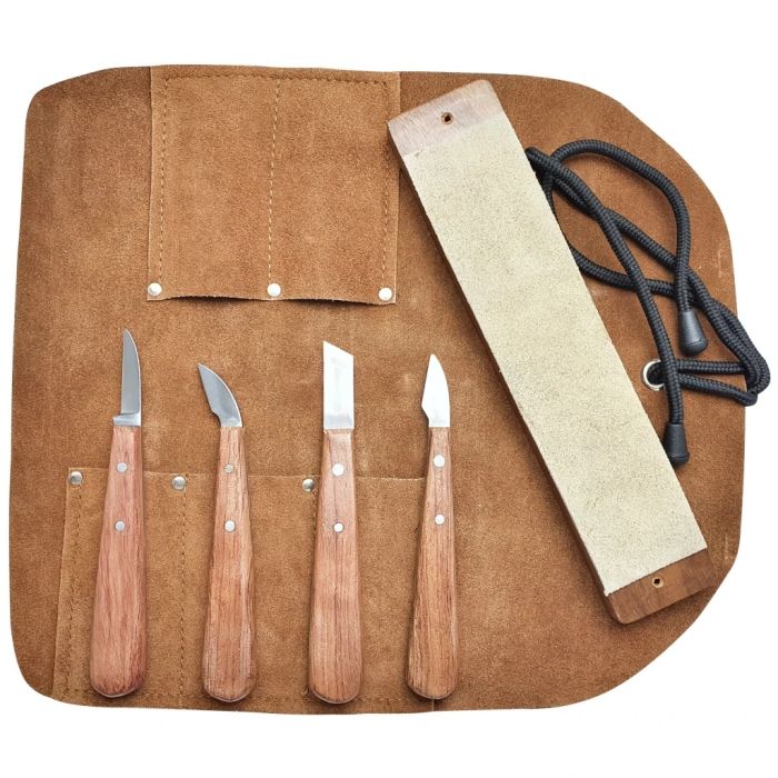 Beber BEBKIT2 Chip Carving 4 Piece Set with Leather Strop in a Leather Tool Roll