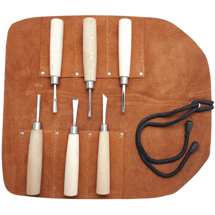 Beber BEBKIT3 Mini Carving 6 Piece Set in Leather Tool Roll with 1095 high carbon tool steel blades and beech handles