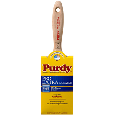 Purdy Pro-Extra 3-inch flat trim paintbrush with a beavertail handle and stainless steel ferrule