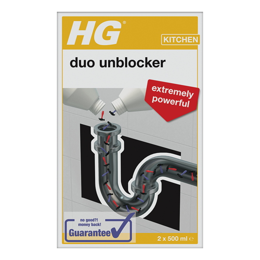 HG Duo Unblocker 2 x 500ml cleaning product with red and purple bottles