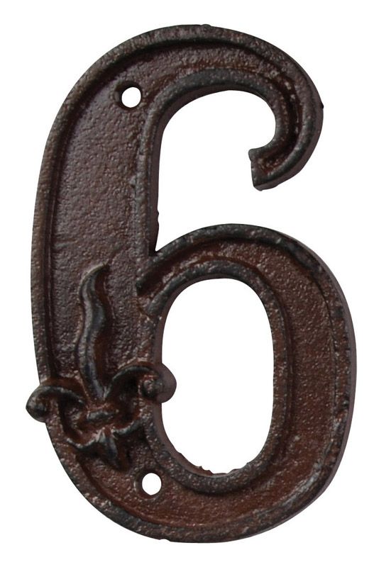 Fallen Fruits DB62-6 cast iron house number six measuring 7.9 x 1.2 x 12.4 cm with fleur-de-lis motif
