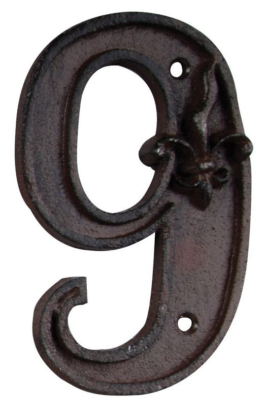 Fallen Fruits DB62-9 Cast Iron House Number 9 with fleur-de-lis motif, 7.7 x 1.1 x 12 cm