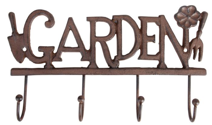 Fallen Fruits LH99 cast iron garden tool hook with four hooks, measuring 30 x 5.5 x 17.6 cm