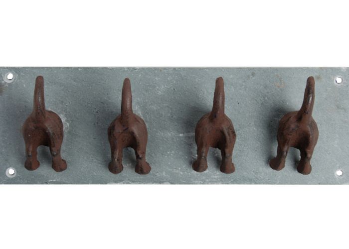 Fallen Fruits LH151 Dog Tail Hooks, 30cm wide rectangle slate wall plate with four cast iron dog tail hooks