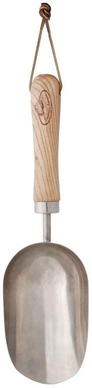 Fallen Fruits GT61 stainless steel compost scoop with high edges and leather hanging loop