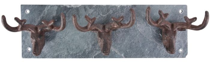 Fallen Fruits LH184 Cast Iron Stag Antler Hooks & Slate Wall Plate, 32.7 x 7.2 x 10.5 cm