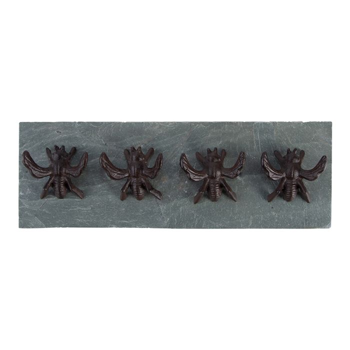 Fallen Fruits BEE011 4 Bee Hanger, wall-mounted cast iron hooks on a slate plate, 29.7x4.7x10.2 cm
