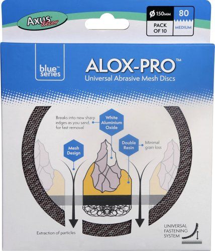Axus Decor Alox-Pro Abrasive Mesh Discs 150mm 80 Grit Pack of 10 in blue