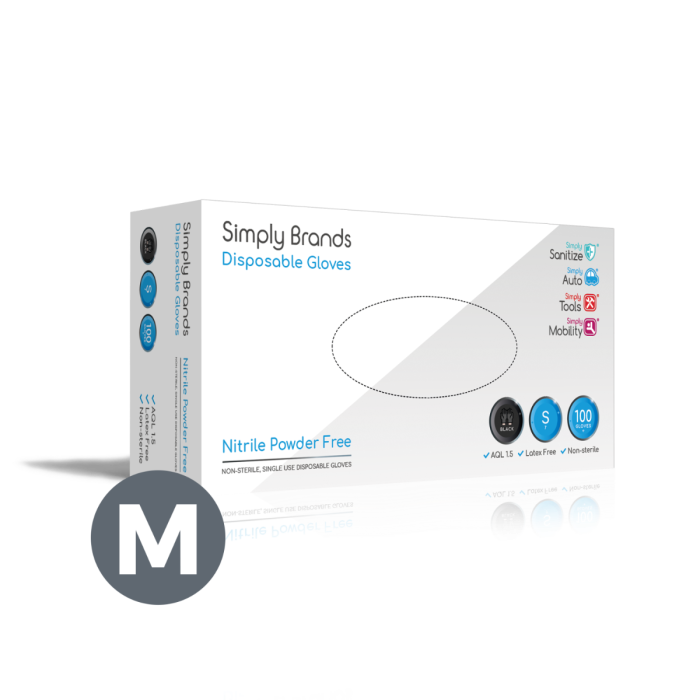 Simply BNG006 Sanitize Black Nitrile Disposable Gloves Medium 100Pk