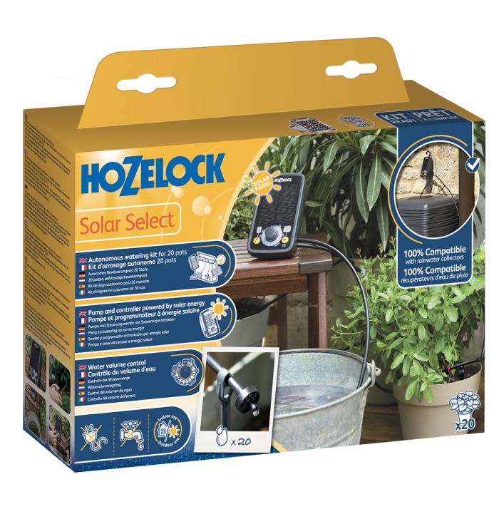 Hozelock 100-101-033 Solar Select Irrigation Kit with solar-powered timer and 20 drippers