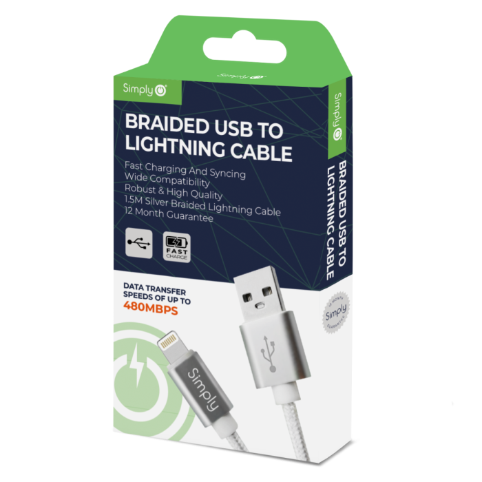 Simply ICIP06 Braided USB to Lightning 1.5m Cable in Silver