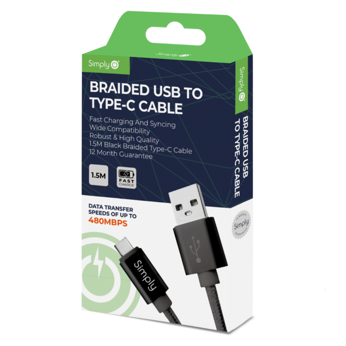 Simply ICTC03 Braided Type-C to USB 1.5M Cable in black