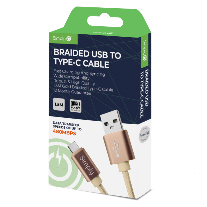 Simply ICTC04 Braided Type-C to USB 1.5M Cable in Gold