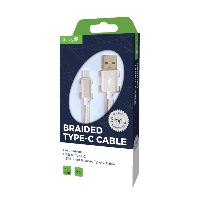Simply ICTC05 Braided Type-C to USB 1.5M Cable in Silver