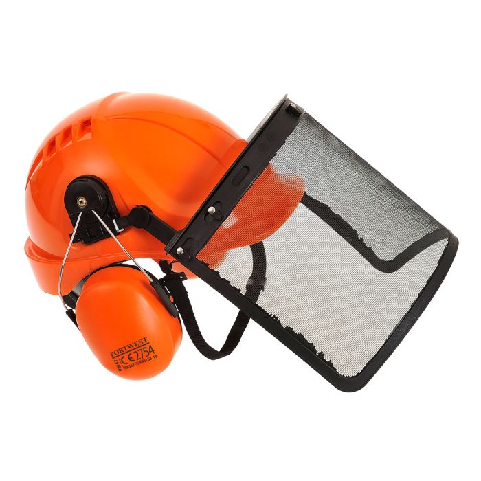Portwest PW98 Forestry Combi Kit with helmet, ear muffs, and mesh visor in orange