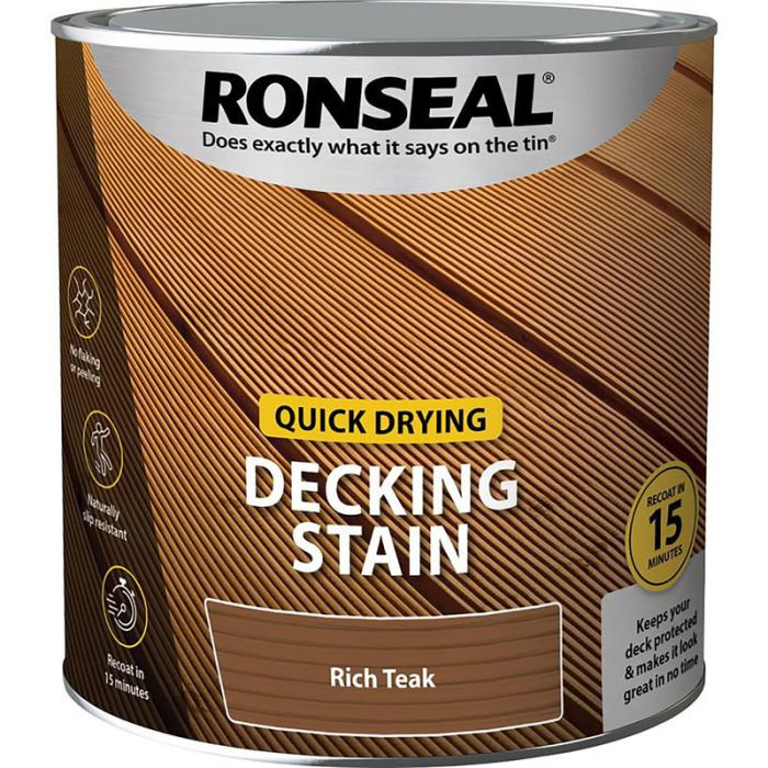 Ronseal Quick Drying Decking Stain Rich Teak 2.5L water-based matt exterior wood care