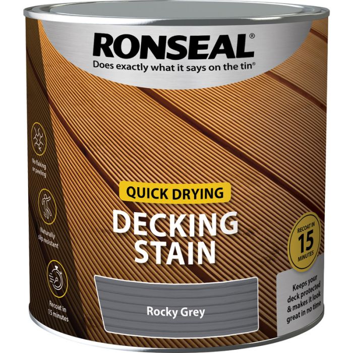 Ronseal Quick Drying Decking Stain in Rocky Grey, 2.5L matt water-based wood finish