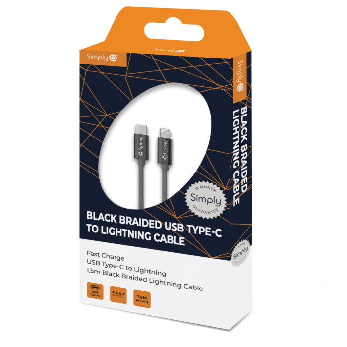 Simply TCIP01 Braided Type-C To Lightning Cable in Black