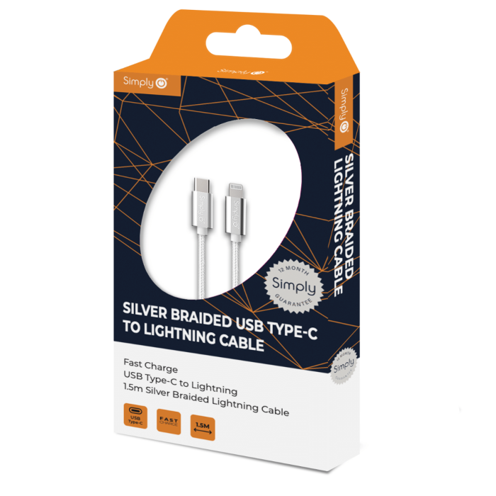 Simply TCIP02 Braided Type-C To Lightning Cable in silver