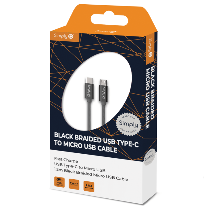Simply TCMC01 Braided Type-C to Micro USB Cable 1.5M in black
