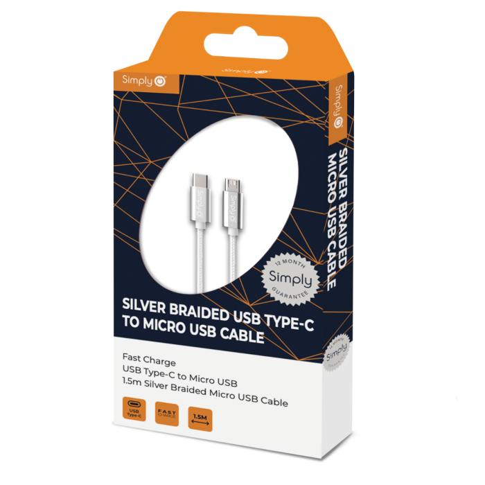Simply TCMC02 Braided Type-C to Micro USB Cable 1.5M - Silver