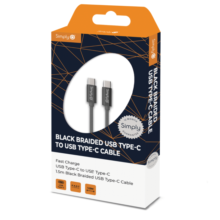 Simply TCTC01 Braided Type-C to Type-C Cable 1.5M in Black