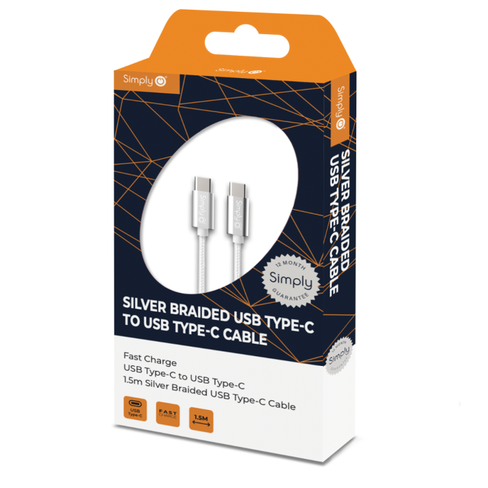 Simply TCTC02 Braided Type-C to Type-C Cable 1.5M - Silver