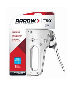 Arrow T50 staple gun with all-steel construction in a durable chrome finish