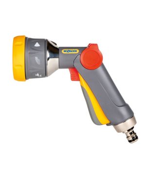 Hozelock Multi Plus Spray Gun with seven spray patterns, lockable front trigger, and flow control slider in plastic and metal