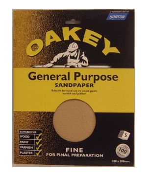 Oakey OAK58287 Fine Sandpaper Sheets, Grade 100, 230 x 280 mm, Pack of 5