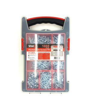 Woodfox MP1000SK 1000-Piece Pocket Hole Screw Assortment Pack with silver zinc plated screws and storage case