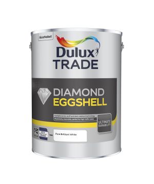 Dulux Trade Diamond Eggshell Pure Brilliant White 5L water-based emulsion paint with a smooth mid sheen finish
